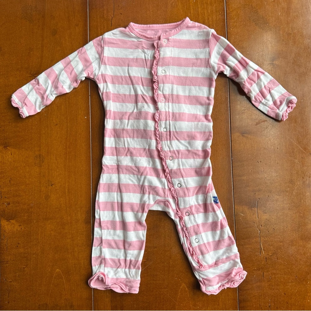 KicKee Pants Pink and White Striped long sleeve Romper - 3-6month